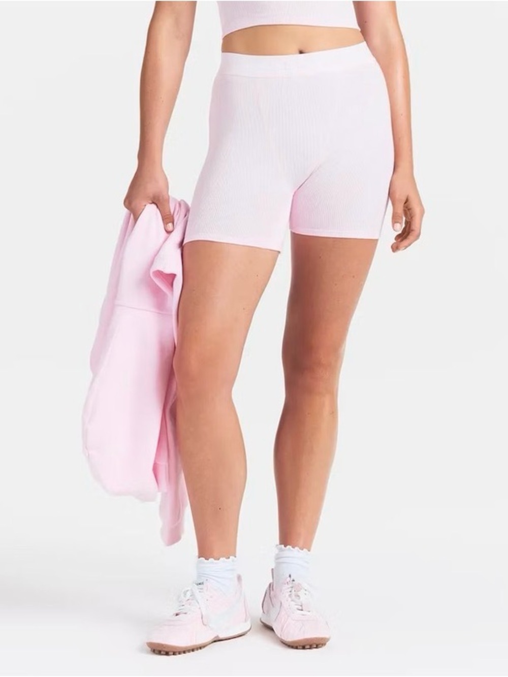 Aritzia Ribbed High-Waist Bike Shorts in Pale Pink